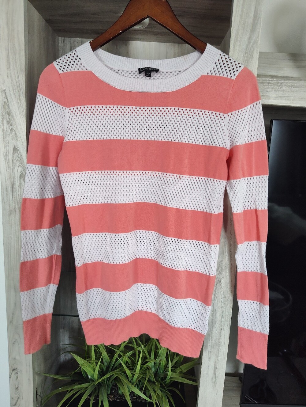 Express Coral and White Striped Open-Knit Crew Sweater SZ XS